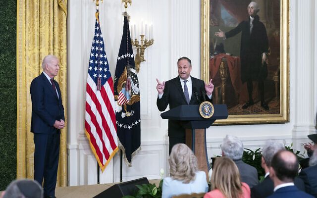 Doug Emhoff, husband of US Vice President Kamala Harris, introduces US President Joe Biden during the celebration of Jewish American Heritage Month in the East Room of the White House, May 16, 2023, in Washington. (AP Photo/Manuel Balce Ceneta) Doug Emhoff, husband of US Vice President Kamala Harris, introduces US President Joe Biden during the celebration of Jewish American Heritage Month in the East Room of the White House, May 16, 2023, in Washington. (AP Photo/Manuel Balce Ceneta)