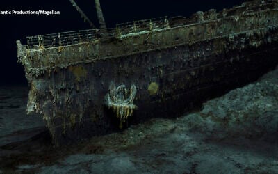 In this grab taken from a digital scan released by Atlantic/Magellan on May 18, 2023, a view of the bow of the Titanic, in the Atlantic Ocean, is created using deep-sea mapping. (Atlantic/Magellan via AP)