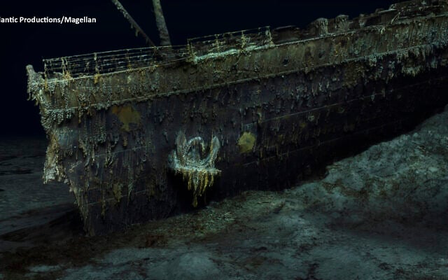 In this grab taken from a digital scan released by Atlantic/Magellan on May 18, 2023, a view of the bow of the Titanic, in the Atlantic Ocean, is created using deep-sea mapping. (Atlantic/Magellan via AP) In this grab taken from a digital scan released by Atlantic/Magellan on May 18, 2023, a view of the bow of the Titanic, in the Atlantic Ocean, is created using deep-sea mapping. (Atlantic/Magellan via AP)