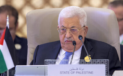 In this photo provided by Saudi Press Agency, SPA, Palestinian President Mahmoud Abbas attends the Arab summit in Jeddah, Saudi Arabia, May 19, 2023. (Saudi Press Agency via AP)