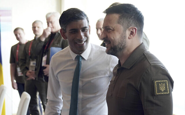 Britain's Prime Minister Rishi Sunak, left, and Ukraine President Volodymyr Zelensky meet at the Grand Prince Hotel, during the G7 Summit in Hiroshima, Japan, Saturday, May 20, 2023. (Stefan Rousseau/Pool via AP) Britain's Prime Minister Rishi Sunak, left, and Ukraine President Volodymyr Zelensky meet at the Grand Prince Hotel, during the G7 Summit in Hiroshima, Japan, Saturday, May 20, 2023. (Stefan Rousseau/Pool via AP)