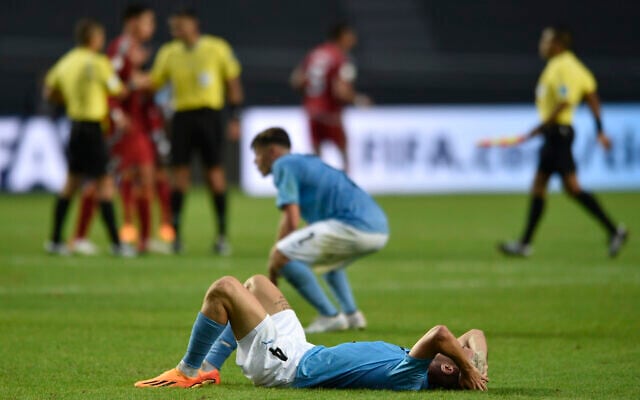 Israel's Stav Lemkin reacts after losing a FIFA U-20 World Cup group C soccer match against Colombia at Diego Maradona stadium in La Plata, Argentina, May 21, 2023. (AP Photo/Gustavo Garello) Israel's Stav Lemkin reacts after losing a FIFA U-20 World Cup group C soccer match against Colombia at Diego Maradona stadium in La Plata, Argentina, May 21, 2023. (AP Photo/Gustavo Garello)