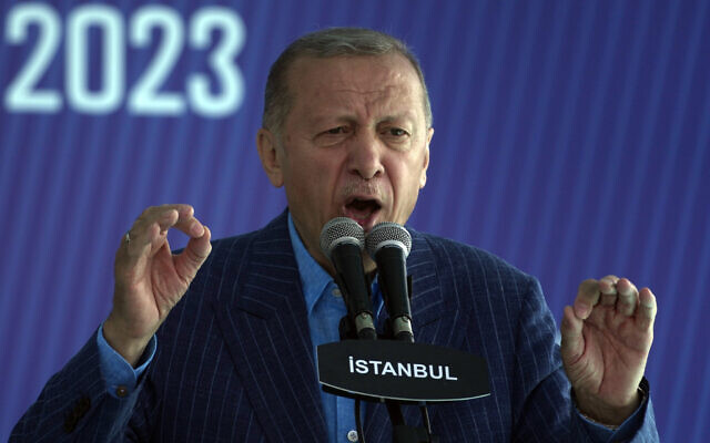 Turkish President and People's Alliance's presidential candidate Recep Tayyip Erdogan, speaks during an election campaign rally in Istanbul, Turkey, May 27, 2023. (AP Photo/Khalil Hamra)