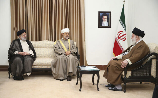 Iranian Supreme Leader Ayatollah Ali Khamenei, right, meets with Oman's Sultan Haitham bin Tariq Al Said, center, as Iranian President Ebrahim Raisi sits at left, in Tehran, Iran, May 29, 2023. (Office of the Iranian Supreme Leader via AP) Iranian Supreme Leader Ayatollah Ali Khamenei, right, meets with Oman's Sultan Haitham bin Tariq Al Said, center, as Iranian President Ebrahim Raisi sits at left, in Tehran, Iran, May 29, 2023. (Office of the Iranian Supreme Leader via AP)