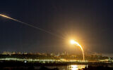 Ukrainian air defense intercepts a Shahed drone mid-air in the third Russia aerial attack on the capital in the last 24 hours in Kyiv, Ukraine, Tuesday, May 30, 2023. (AP Photo/Evgeniy Maloletka)