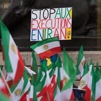 A demonstrator holds up a sign reading 'Stop Executions in Iran' as Iranian opposition protesters carry their national flags in Paris during a rally to protest against the visit of the Iranian president, Hassan Rouhani, in France, January 28, 2016.  (AP Photo/Zacharie Scheurer)