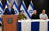 From left: Prime Minister Benjamin Netanyahu, IDF Chief Herzi Halevi, Defense Minister Yoav Gallant, and Shin Bet head Ronen Bar at a May 9, 2023 press conference. (Avi Ohayon / GPO)