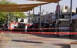 The scene of a gas leak at a store in Beersheba's Old City, May 18, 2023. (Emanuel Fabian/Times of Israel)