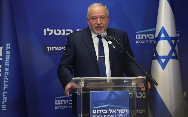 Yisrael Beytenu party leader Avigdor Liberman speaks during a faction meeting at the Knesset on May 1, 2023. (Yonatan Sindel/Flash90)