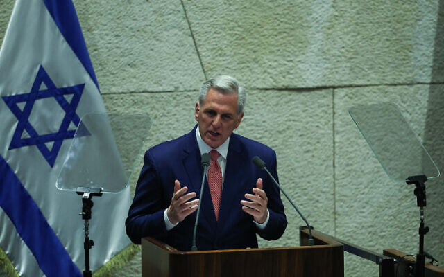 US House Speaker Kevin McCarthy speaks at a special session of the Knesset plenum, May 1, 2023. (Yonatan Sindel/Flash90) US House Speaker Kevin McCarthy speaks at a special session of the Knesset plenum, May 1, 2023. (Yonatan Sindel/Flash90)