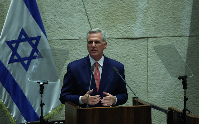 US House Speaker Kevin McCarthy addresses the Knesset on May 1, 2023. (Yonatan Sindel/Flash90)