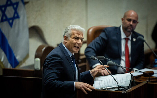 Opposition leader Yair Lapid speaks during a '40-signatures debate' at the Knesset on May 1, 2023. (Yonatan Sindel/ Flash90) Opposition leader Yair Lapid speaks during a '40-signatures debate' at the Knesset on May 1, 2023. (Yonatan Sindel/ Flash90)