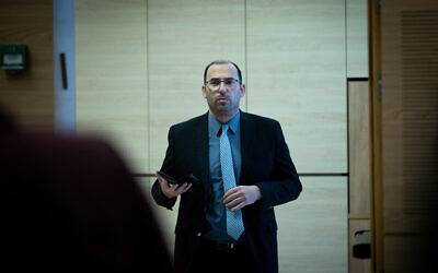 MK Simcha Rotman, chair of the Knesset Constitution, Law and Justice Committee seen during a meeting at the Knesset, in Jerusalem on May 1, 2023. (Yonatan Sindel/ Flash90)