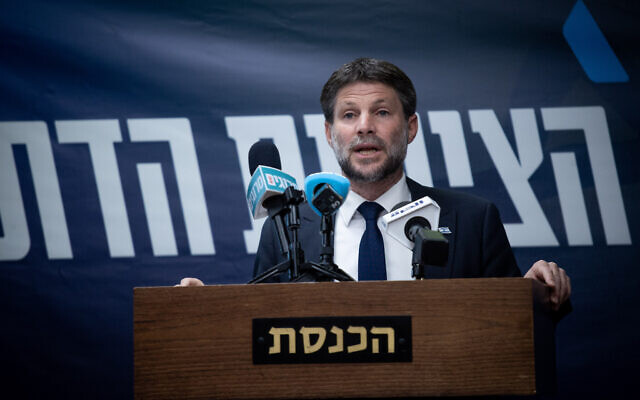 Finance Minister and Religious Zionism party chief Bezalel Smotrich leads his party's faction meeting at Jerusalem's Knesset, May 8, 2023. (Oren Ben Hakoon/Flash90) Finance Minister and Religious Zionism party chief Bezalel Smotrich leads his party's faction meeting at Jerusalem's Knesset, May 8, 2023. (Oren Ben Hakoon/Flash90)
