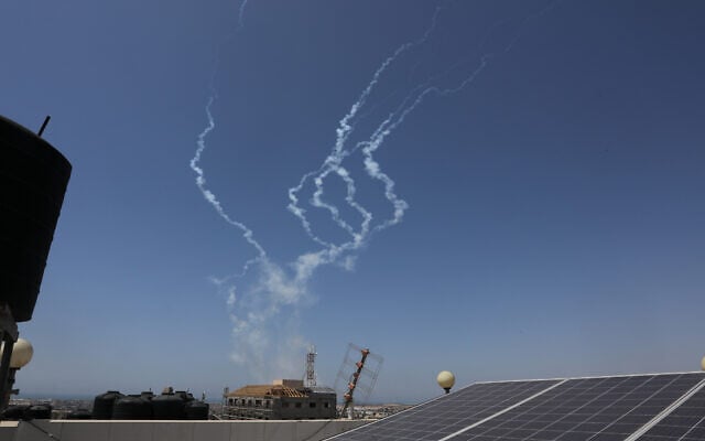 Trails of smoke are seen as rockets are fired from Gaza towards Israel, in the southern Gaza Strip, on May 10, 2023. Photo by Abed Rahim Khatib/Flash90 Trails of smoke are seen as rockets are fired from Gaza towards Israel, in the southern Gaza Strip, on May 10, 2023. Photo by Abed Rahim Khatib/Flash90