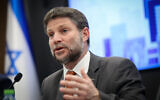 Finance Minister Bezalel Smotrich attends a press conference at the Finance Ministry in Jerusalem on May 14, 2023. (Noam Revkin Fenton/Flash90)