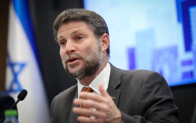 Finance Minister Bezalel Smotrich attends a press conference at the Finance Ministry in Jerusalem on May 14, 2023. (Noam Revkin Fenton/Flash90)