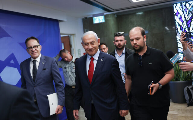 Prime Minister Benjamin Netanyahu arrives at a cabinet meeting at the Prime Minister's Office in Jerusalem on May 14, 2023. (Yonatan Sindel/Flash90) Prime Minister Benjamin Netanyahu arrives at a cabinet meeting at the Prime Minister's Office in Jerusalem on May 14, 2023. (Yonatan Sindel/Flash90)