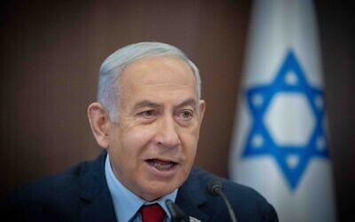 Prime Minister Benjamin Netanyahu leads a cabinet meeting at the Prime Minister's Office in Jerusalem on May 14, 2023. (Yonatan Sindel/Flash90)