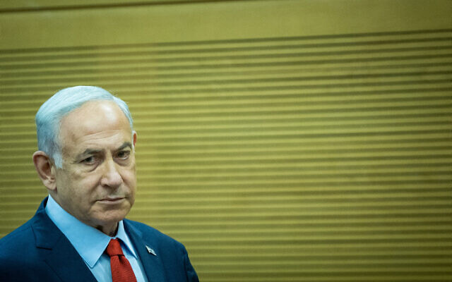 Prime Minister Benjamin Netanyahu leads a Likud faction meeting at the Knesset, May 15, 2023. (Yonatan Sindel/Flash90)