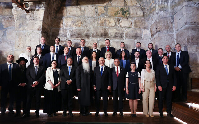 Prime Minister Benjamin Netanyahu leads the weekly cabinet meeting at the Western Wall tunnels on May 21, 2023 (Yonatan Sindel/Flash90) Prime Minister Benjamin Netanyahu leads the weekly cabinet meeting at the Western Wall tunnels on May 21, 2023 (Yonatan Sindel/Flash90)
