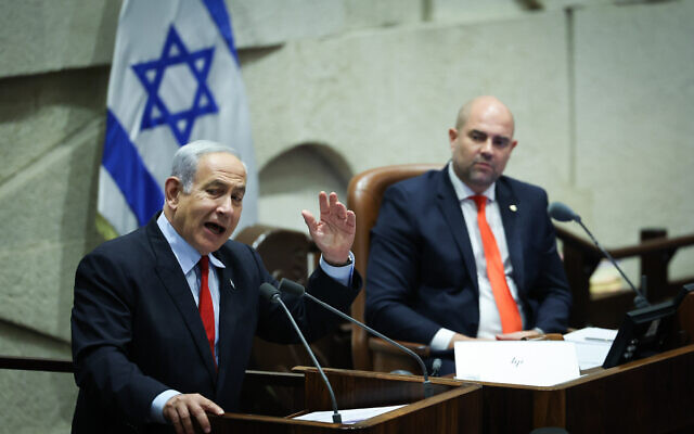 Prime Minister Benjamin Netanyahu presents the budget ahead of a vote in the Knesset in Jerusalem, May 23, 2023. (Yonatan Sindel/Flash90) Prime Minister Benjamin Netanyahu presents the budget ahead of a vote in the Knesset in Jerusalem, May 23, 2023. (Yonatan Sindel/Flash90)