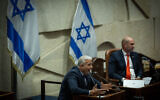 Opposition leader Yair Lapid delivers a speech in the Knesset plenum during the budget debate, May 23, 2023 (Yonatan Sindel/Flash90)