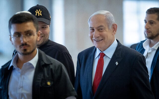 Prime Minister Benjamin Netanyahu arrives at Likud's Knesset faction meeting, May 29, 2023. (Yonatan Sindel/Flash90) Prime Minister Benjamin Netanyahu arrives at Likud's Knesset faction meeting, May 29, 2023. (Yonatan Sindel/Flash90)