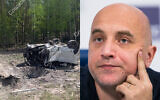 This image (left) taken from video released by the Russian Investigative Committee on May 6, 2023, shows the site of the exploded car of Russian writer and publicist Zakhar Prilepin (right) in the region of Nizhny Novgorod. (Russian Investigative Committee; AP Photo/Alexander Zemlianichenko)