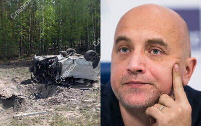 This image (left) taken from video released by the Russian Investigative Committee on May 6, 2023, shows the site of the exploded car of Russian writer and publicist Zakhar Prilepin (right) in the region of Nizhny Novgorod. (Russian Investigative Committee; AP Photo/Alexander Zemlianichenko) This image (left) taken from video released by the Russian Investigative Committee on May 6, 2023, shows the site of the exploded car of Russian writer and publicist Zakhar Prilepin (right) in the region of Nizhny Novgorod. (Russian Investigative Committee; AP Photo/Alexander Zemlianichenko)