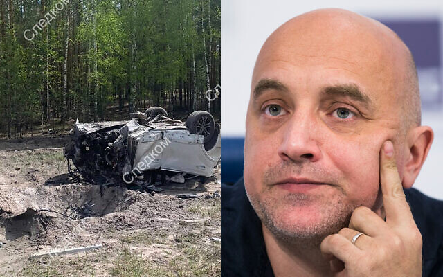 This image (left) taken from video released by the Russian Investigative Committee on May 6, 2023, shows the site of the exploded car of Russian writer and publicist Zakhar Prilepin (right) in the region of Nizhny Novgorod. (Russian Investigative Committee; AP Photo/Alexander Zemlianichenko) This image (left) taken from video released by the Russian Investigative Committee on May 6, 2023, shows the site of the exploded car of Russian writer and publicist Zakhar Prilepin (right) in the region of Nizhny Novgorod. (Russian Investigative Committee; AP Photo/Alexander Zemlianichenko)