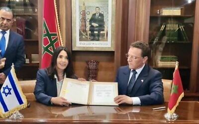 Transportation Minister Miri Regev (left) with her Moroccan counterpart Mohamed Abdeljali after signing a series of deals in Rabat, Morocco, May 29, 2023. (Twitter)