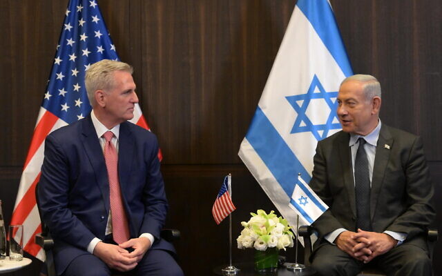 In this handout photo, Prime Minister Benjamin Netanyahu meets with US House Speaker Kevin McCarthy at the King David Hotel in Jerusalem, May 1, 2023. (Amos Ben Gershom/GPO) In this handout photo, Prime Minister Benjamin Netanyahu meets with US House Speaker Kevin McCarthy at the King David Hotel in Jerusalem, May 1, 2023. (Amos Ben Gershom/GPO)