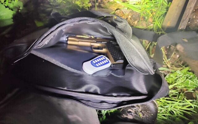This handout photo from May 8, 2023, shows contraband allegedly belonging to a Popular Front for the Liberation of Palestine terror cell, which is accused of an attempted bombing in the West Bank settlement of Beitar Illit and planning other attacks. (Shin Bet) This handout photo from May 8, 2023, shows contraband allegedly belonging to a Popular Front for the Liberation of Palestine terror cell, which is accused of an attempted bombing in the West Bank settlement of Beitar Illit and planning other attacks. (Shin Bet)