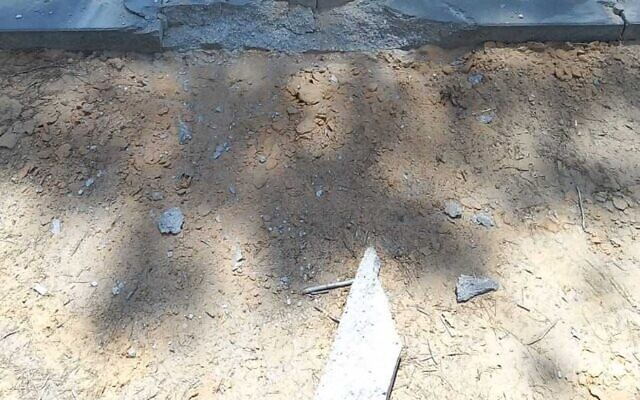 Damage caused by a mortar which fell in an Israeli neighborhood near Gaza, May 11, 2023. (Eshkol Regional Council) Damage caused by a mortar which fell in an Israeli neighborhood near Gaza, May 11, 2023. (Eshkol Regional Council)