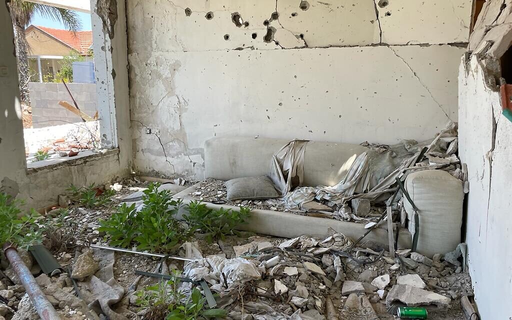 A destroyed home from a previous rocket attack in Ashkelon, May 11, 2023 (Carrie Keller-Lynn/The Times of Israel)