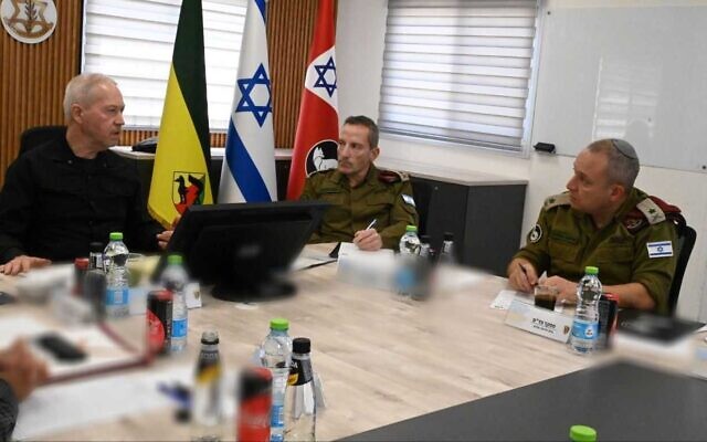 Defense Minister Yoav Gallant meets with IDF commanders at the Gaza Division on May 23, 2023. (Ariel Hermon/Defense Ministry) Defense Minister Yoav Gallant meets with IDF commanders at the Gaza Division on May 23, 2023. (Ariel Hermon/Defense Ministry)