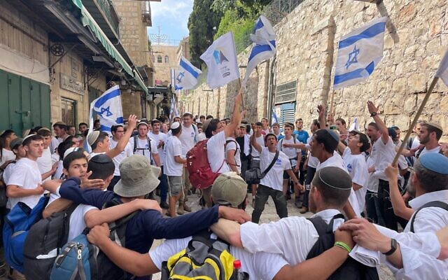 About 100 young men from the West Bank’s Alon More yeshiva dance in Jerusalem's Old City on Jerusalem Day, May 18, 2023. (Carrie Keller-Lynn/Times of Israel) About 100 young men from the West Bank’s Alon More yeshiva dance in Jerusalem's Old City on Jerusalem Day, May 18, 2023. (Carrie Keller-Lynn/Times of Israel)