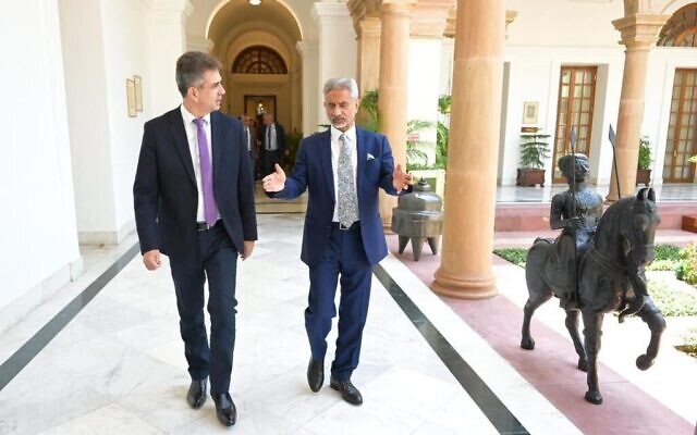 Foreign Minister Eli Cohen, left, meets with his Indian counterpart Subrahmanyam Jaishankar in New Delhi on May 9, 2023 (Foreign Minister Eli Cohen meets with his Indian counterpart Subrahmanyam Jaishankar in New Delhi) Foreign Minister Eli Cohen, left, meets with his Indian counterpart Subrahmanyam Jaishankar in New Delhi on May 9, 2023 (Foreign Minister Eli Cohen meets with his Indian counterpart Subrahmanyam Jaishankar in New Delhi)