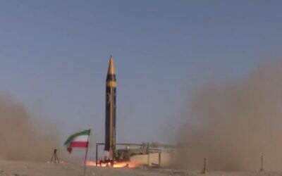 Screen capture from undated video showing a test launch of Iran's Kheibar ballistic missile. (Twitter. Used in accordance with Clause 27a of the Copyright Law)
