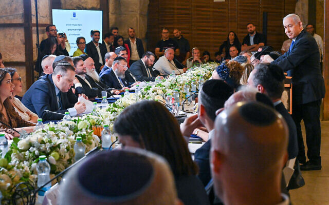Prime Minister Benjamin Netanyahu addresses a cabinet meeting held in the Western Wall tunnels on May 21, 2023 (Kobi Gideon / GPO) Prime Minister Benjamin Netanyahu addresses a cabinet meeting held in the Western Wall tunnels on May 21, 2023 (Kobi Gideon / GPO)
