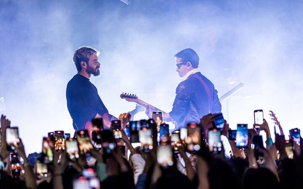 Felipe Colombo, right, performs with an Israeli band mate in Tel Aviv on May 3, 2023. (Courtesy/ Photo by Ortal Dahan Ziv)