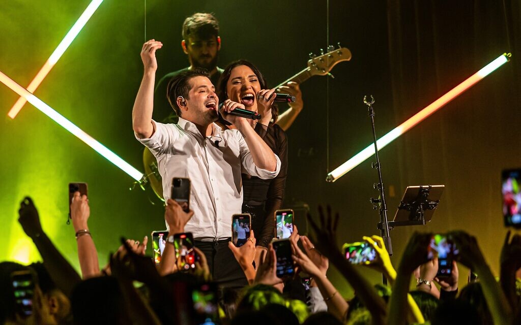 Felipe Colombo, left, performs with an Israeli bandmate in Tel Aviv on May 3, 2023. (Courtesy/ Photo by Ortal Dahan Ziv)