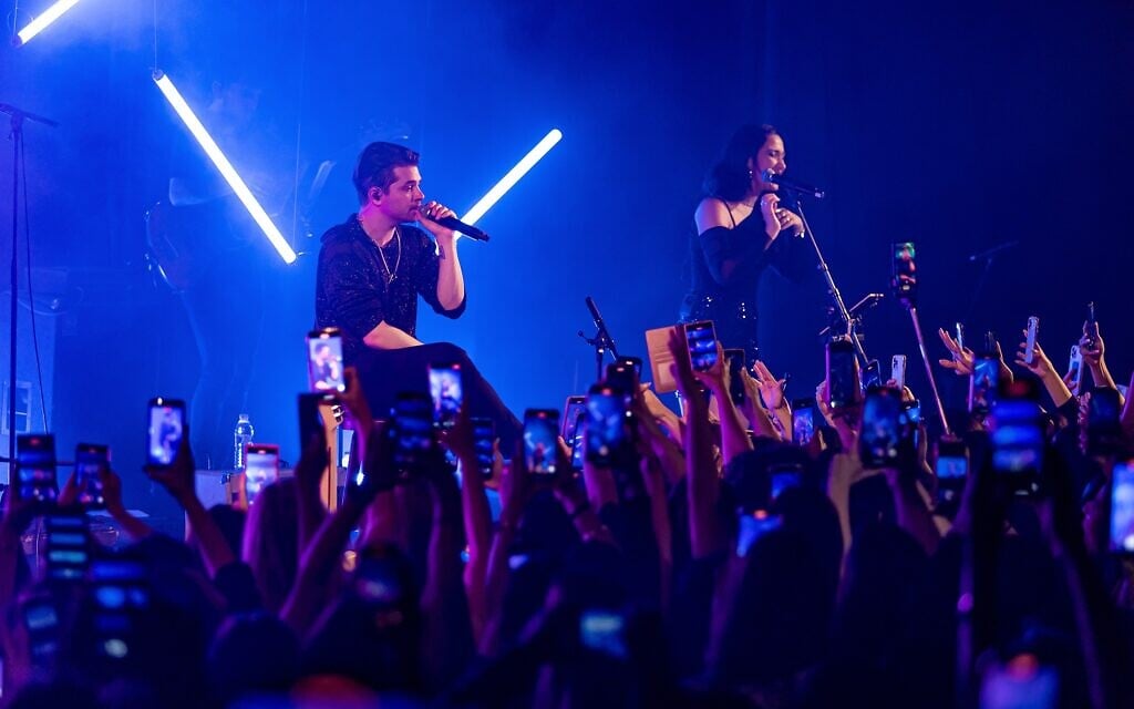 Felipe Colombo, left, performs with an Israeli band mate in Tel Aviv on May 3, 2023. (Courtesy/ Photo by Ortal Dahan Ziv)