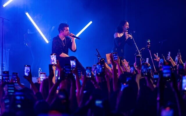 Felipe Colombo, left, performs with an Israeli band mate in Tel Aviv on May 3, 2023. (Courtesy/ Photo by Ortal Dahan Ziv)