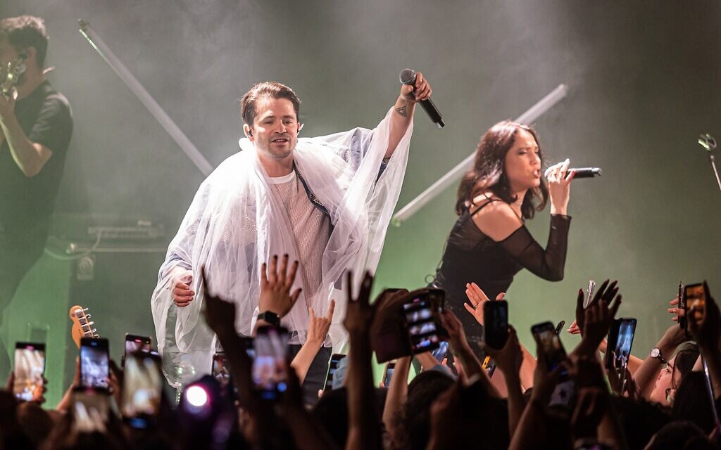 Felipe Colombo, left, performs with an Israeli band mate in Tel Aviv on May 3, 2023. (Courtesy/ Photo by Ortal Dahan Ziv)