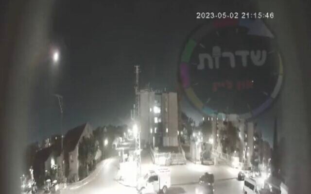 In this screenshot from surveillance video, an Iron Dome interceptor can be seen over the southern city of Sderot on May 2, 2023, after Palestinian terrorists in the Gaza Strip fired rockets toward Israel. (Twitter video screenshot: used in accordance with Clause 27a of the Copyright Law) In this screenshot from surveillance video, an Iron Dome interceptor can be seen over the southern city of Sderot on May 2, 2023, after Palestinian terrorists in the Gaza Strip fired rockets toward Israel. (Twitter video screenshot: used in accordance with Clause 27a of the Copyright Law)