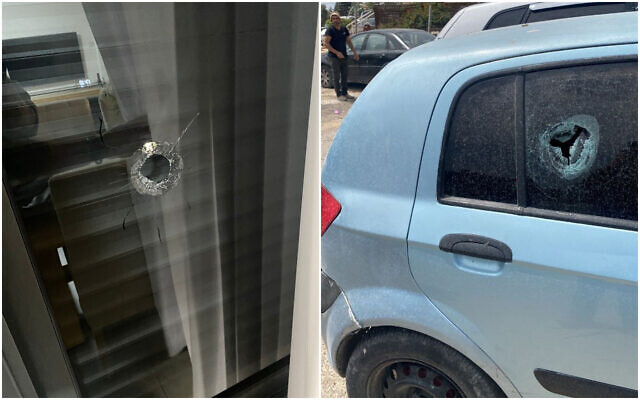 Damage is seen caused to a home in the northern town of Gan Ner (left) and a Palestinian owned car outside the West Bank settlement of Mevo Dotan, in shooting attacks by Palestinian terrorists, May 28, 2023. (Courtesy) Damage is seen caused to a home in the northern town of Gan Ner (left) and a Palestinian owned car outside the West Bank settlement of Mevo Dotan, in shooting attacks by Palestinian terrorists, May 28, 2023. (Courtesy)