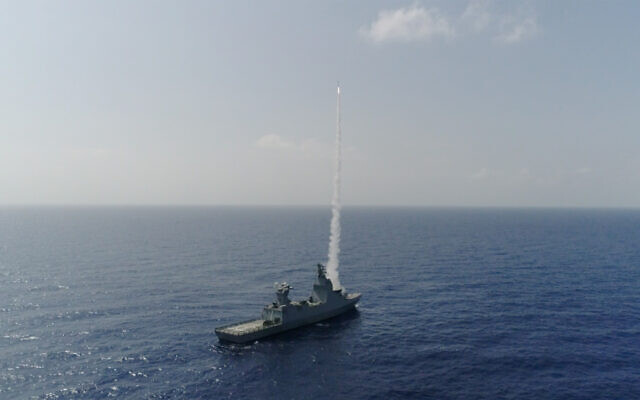 An Iron Dome missile defense system fires an interceptor from a Sa’ar-6 corvette, at a target during an exercise in May 2023. (Defense Ministry) An Iron Dome missile defense system fires an interceptor from a Sa’ar-6 corvette, at a target during an exercise in May 2023. (Defense Ministry)