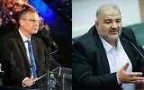 Justice Minister Yariv Levin (left) speaks at a rally in Jerusalem, April 27, 2023; Ra'am chair Mansour Abbas attends a Knesset meeting, March 5, 2023. (Arie Leib Abrams/Flash90; Erik Marmor/Flash90)